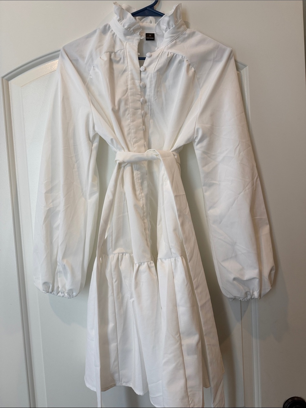 White Ruffle Collar Button-Front Dress with Tie Waist